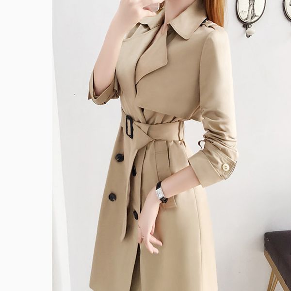 

2021 new autumn women office lady khaki long trench coat casual female turn down collar double breasted belt slim outwear lfe1, Tan;black