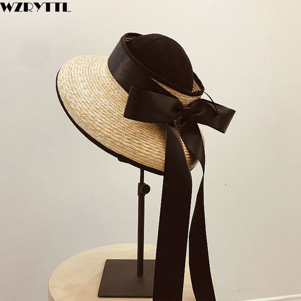 

2021 new women floppy suns with bowknot long black ribbon empty visor straw hat lady summer wide brim beach cap chapeau femme ete d461, Blue;gray