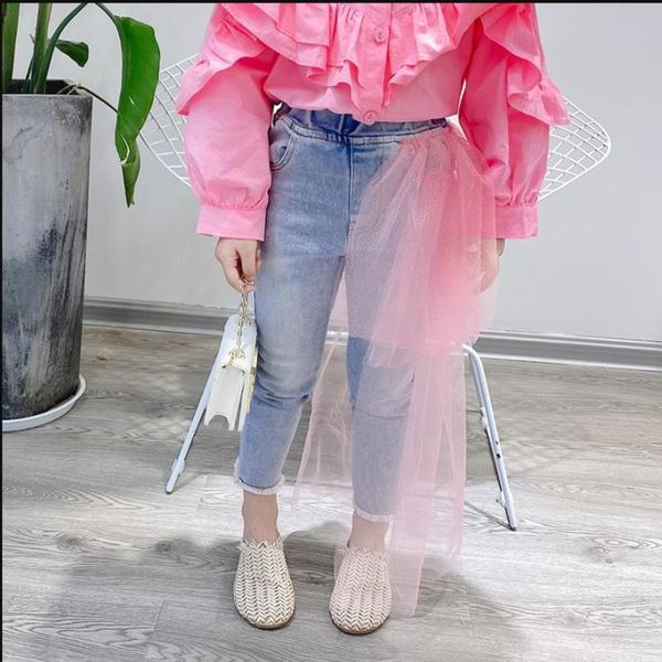 

jeans children mesh patchwork denim pants 2021 spring autumn trousers girls cowboy kids clothes 3-10y ws1476, Blue