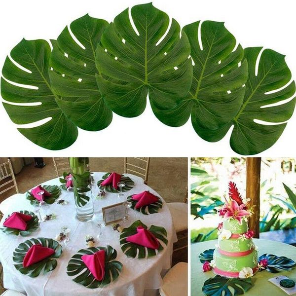 

decorative flowers & wreaths 12pcs/lot fabric artificial palm leaves tropical hawaiian luau party jungle beach theme table decoration access