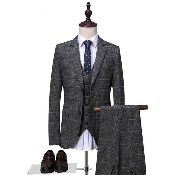 

2021 pieces fashion single row two buttons for men business occupation formal wear british plaid male suit q2x1, White;black
