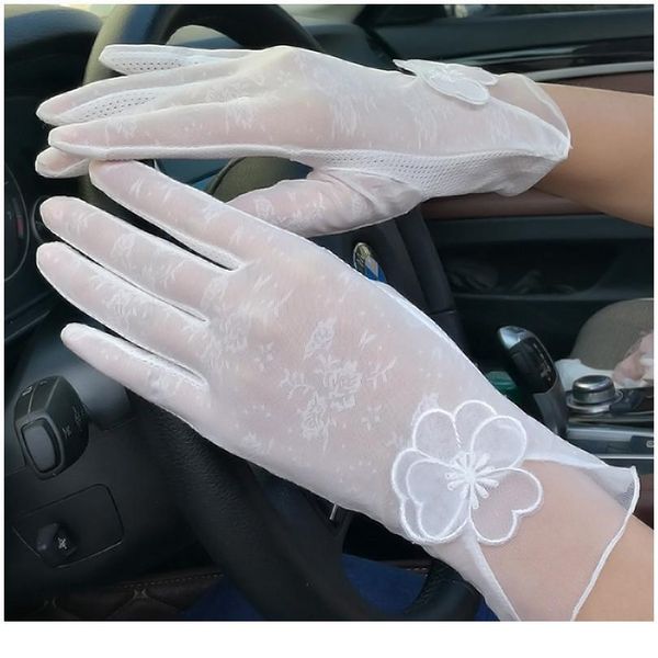 

summer women uv sunscreen short sun screen pearl flowers gloves thin ice silk lace touch screen lady driving glov jllack, Black