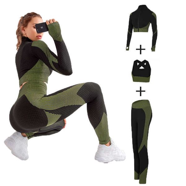 3 peças Definir Seamlsport Set Mulheres Running Ginásio Roupas Tracksuit Sportswear Crop Top Yoga Pant Workout Set Fitnclothes X0629