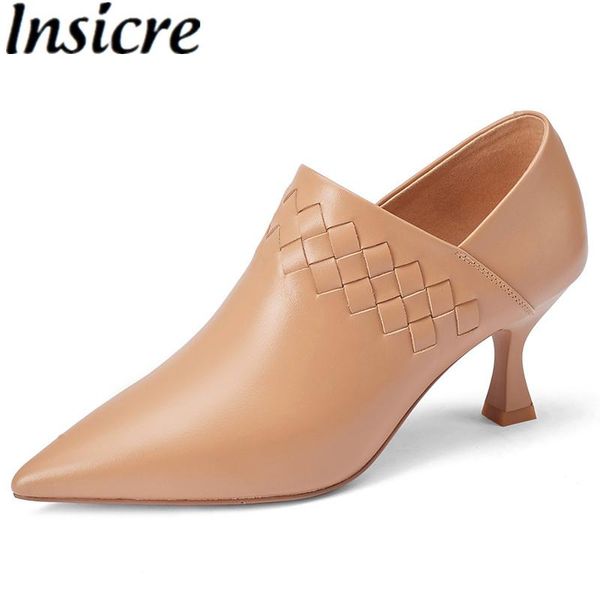 

dress shoes insicre full genuine leather pointed toe women pumps weave size 31 khaki 2021 autumn thin high heels office cow, Black