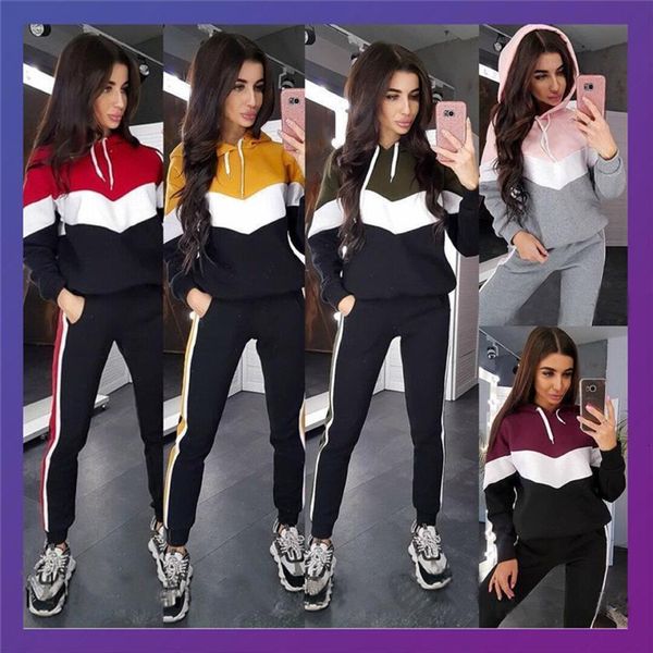

contrast color tracksuit autumn clothes womenpant two piece set long sleeve bomber sweatshirt and pants jogging outfits, White