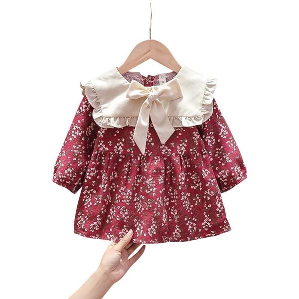 

girls' fashion lapel color matching floral dress, Red;yellow