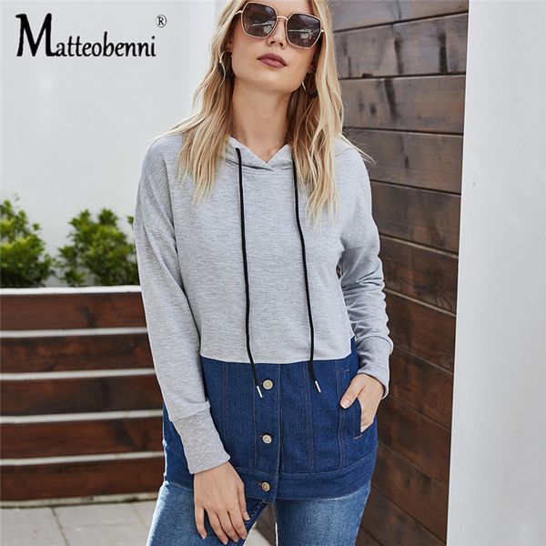 

2021 new women denim patchwork hoodie sweatshirts autumn long sleeve oversize pullover winter casual loose pocket hooded streetwear uuc3, Black;white