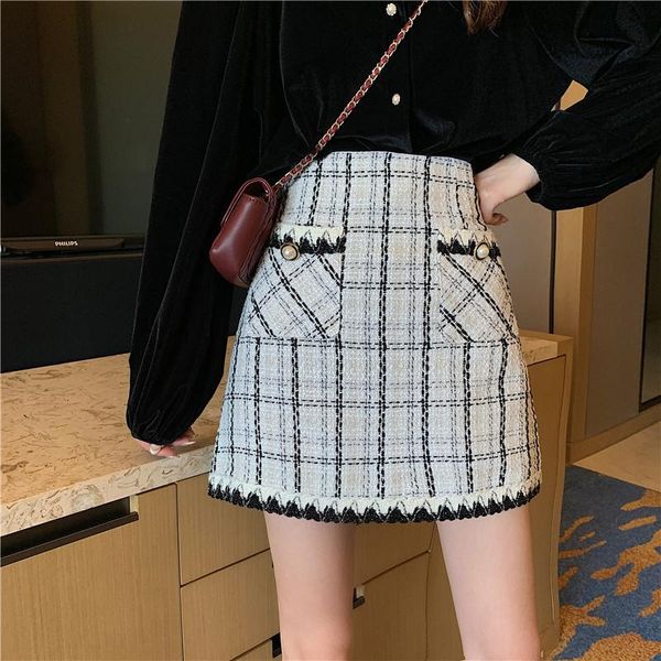 

skirts plaid tweed women high waist elegant a-line wool pencil zipper casual mini skirt korean pocket vintage french, Black