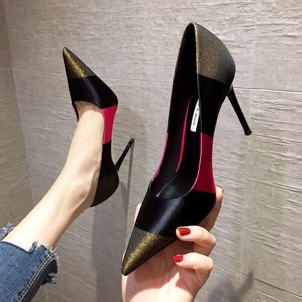 

dress shoes 2021 style high heels fashion brand women stitching color party point toe comfortable pumps, Black