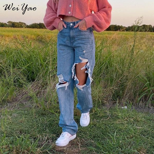 

women's pants & capris weiyao cut out distressed straight jeans women preppy style 90s girls' streetwear casual high wais hip hop b, Black;white