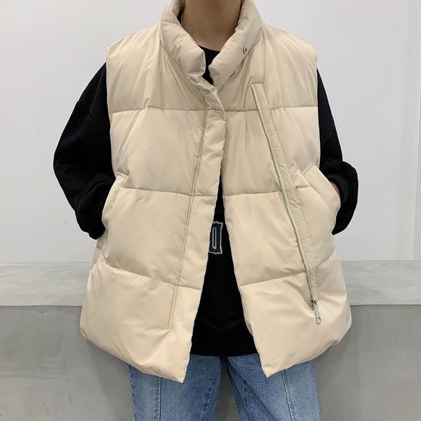 

men's vests korean winter puffer vest jacket men padded waistcoat zipper high collar white thick oversize fashion collocation clothing, Black;white