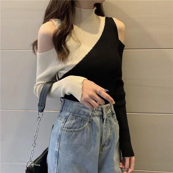 

women's sweaters women long sleeve black patchwork knitted sweater slim ribbed pull cold shoulder off femme pullover bottoming clot, White;black