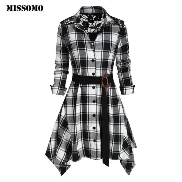 

casual dresses missomo long sleeve summer dress women loose plaid printed lace splice vestidos tee shirt clothes camisetas feminina, Black;gray