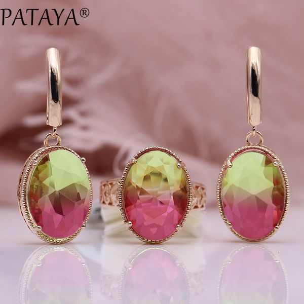 

jewelry sets pataya new oval long earrings ring 585 rose gold women fashion wedding party noble multicolor natural zircon, Black