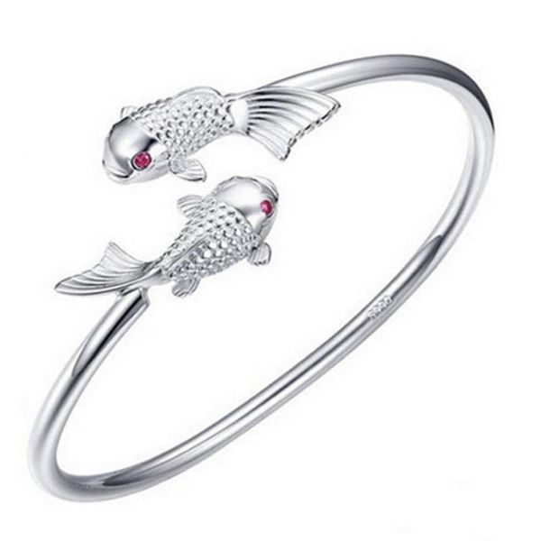 

bangle fashion silver plated women's cuff bangles open double carp adjustable lucky charm retro wedding jewelry gift, Black