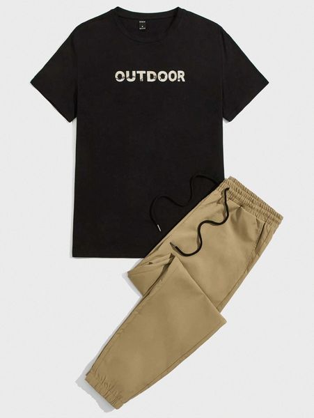 

men letter graphic tee & drawstring waist tapered pants set 67zm#, Gray