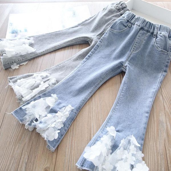 

spring girls lace petals trousers jeans wholesale, Blue