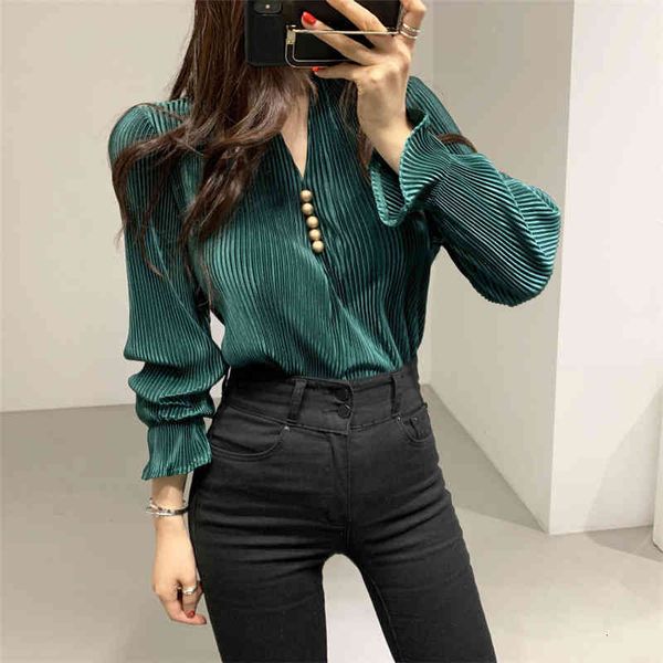 

women's polos hzirip v-neck pleated elegant retro stylish slimming blouse women chic flare-sleeved office lady pullovers shirts 5nhd, White