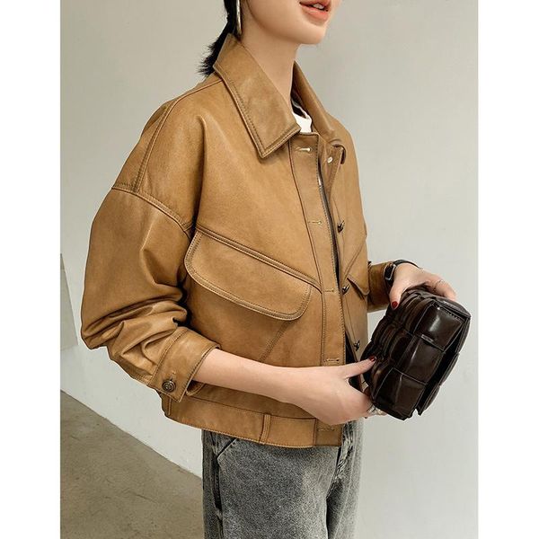 

women's jackets leather short casual versatile coat 2021 spring and autumn thin locomotive small jacket sheep skin, Black;brown