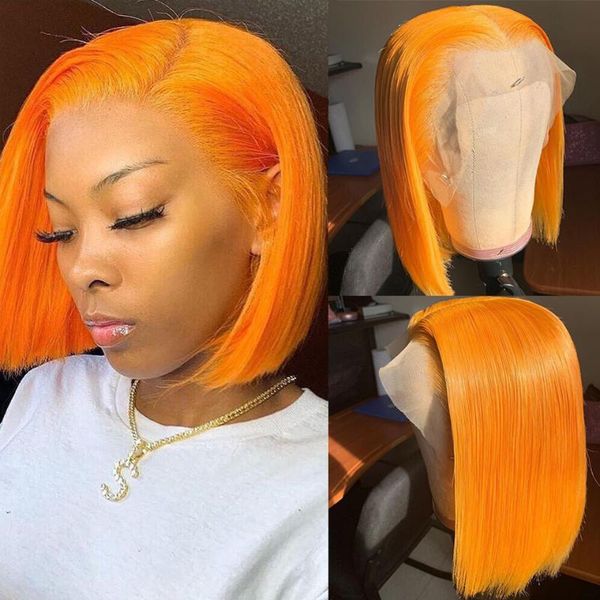 

lace wigs light orange front wig 13x4 hd short bob femme high density colored human hair straight, Black;brown