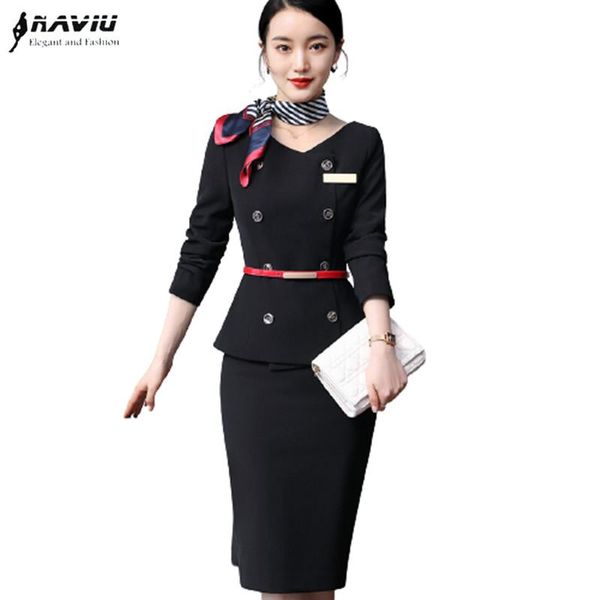 

two piece dress autumn winter professioal skirt suits fashion temperament high-end long sleeve slim formal work clothes stewardess uniforms, White