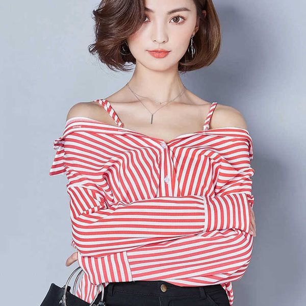

women stripe long sleeve casual loose off shoulder shirt blouse spring summer blouse shirt blusas df2345 210609, White
