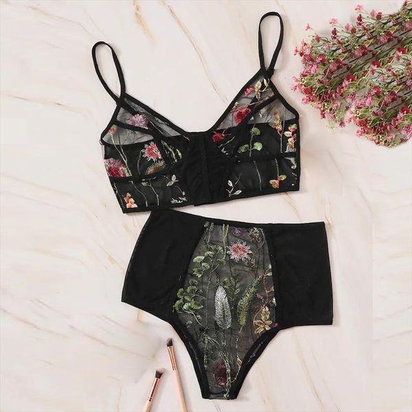 

satin pajama set fashion women sleepwear v neck floral embroidered lace lingerie underwear, Black;red