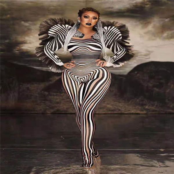 

party decoration y93 female zebra pattern jumpsuit stretch bodysuit cosplay stage dance costumes singer leotard outfit dress clothes wears