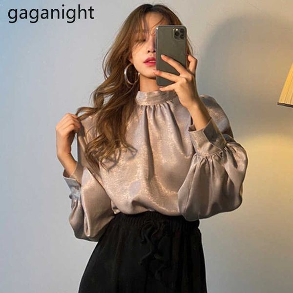

gaganight fashion women smooth blouse lantern sleeve solid korean shirt office lady slim blusas spring autumn elegant blouses 210721, White