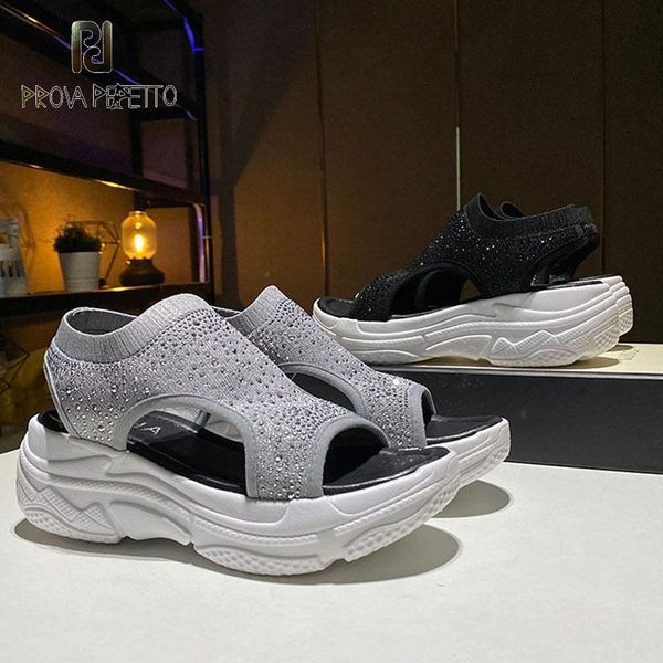 

dress shoes thick-soled wedges sandals women's summer sports casual all-match rhinestones elastic fabric, Black