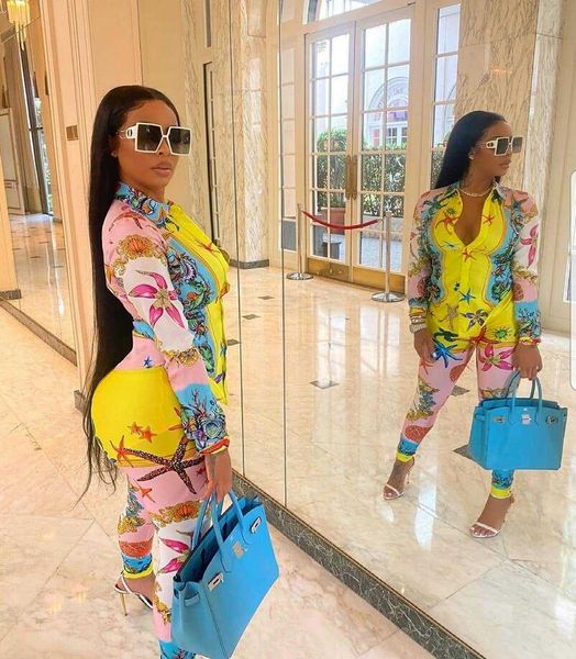

k7014 european and american women's two piece pants wealthy starfish casual printing trousers suit, White