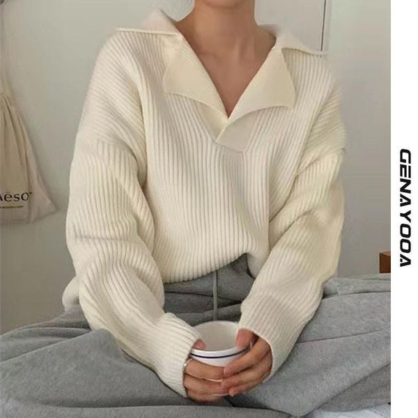 

women's sweaters genayooa chic turn-down collar sweater women solid casual knit pullover long sleeve autumn winter 2021 fashion korean, White;black