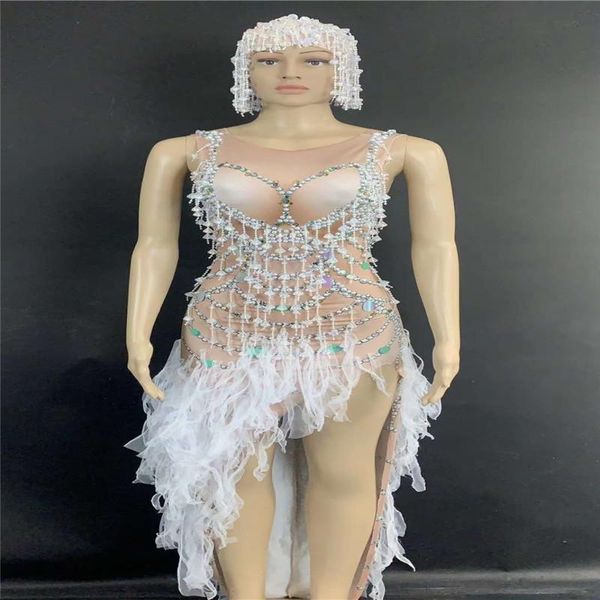 

party decoration h79 tight backless dancer see-through pearl perspective elastic stretched jumpsuit drilling chain feathers clothes dj
