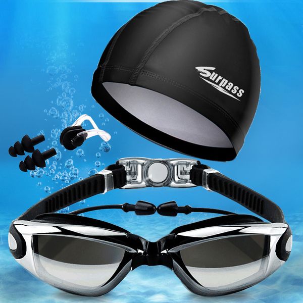 

large short trunks men's imitation shark texture swimsuit cap swimming lens set equipment, White;black