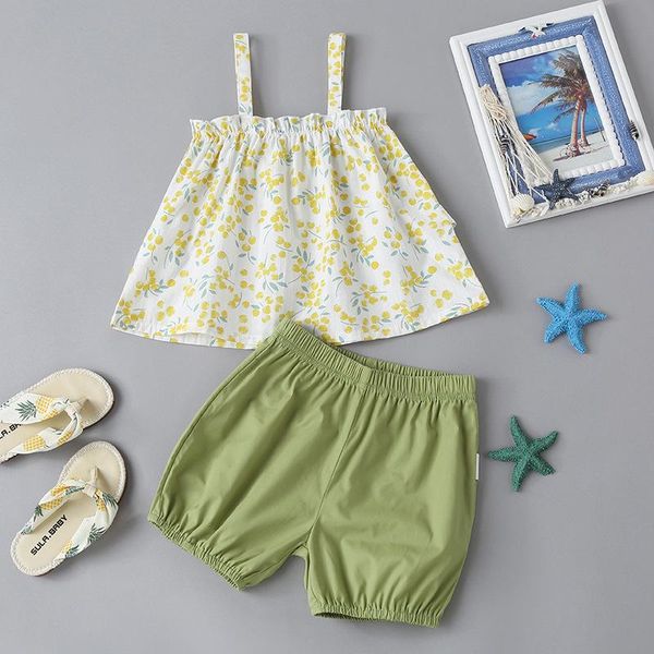 

clothing sets 2021 summer children casual strap print floral green solid shorts cute 2pcs girls boy clothes set 0-2t, White