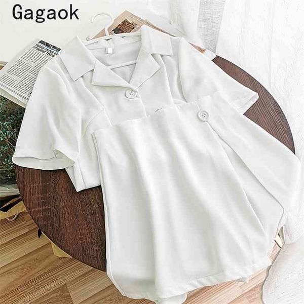 

women office lady two piece set summer solid turn-down collar single breasted short coat + button mid-calf skirt 210531, White
