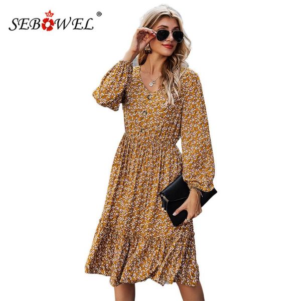 

sebowel spring vintage long sleeve floral ruffled dress for women holiday female high waist knee-length print party dresses s-xl, Black;gray