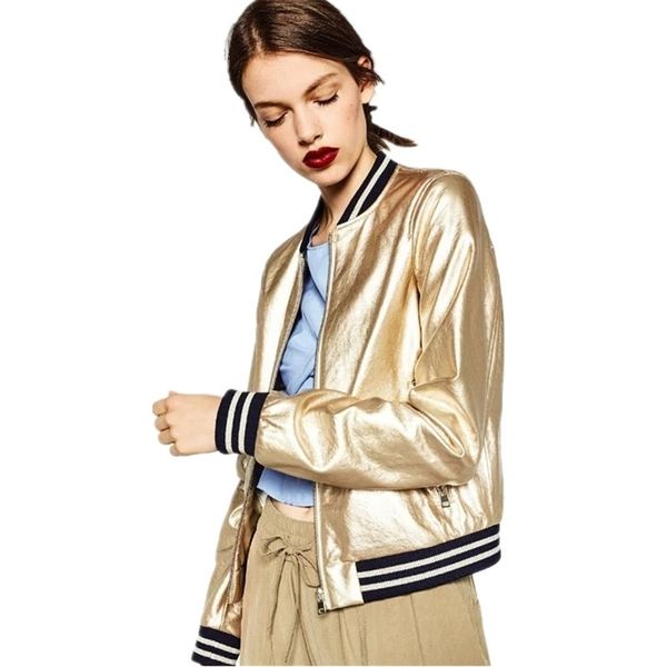 Primavera Cool Fashion Oro PU Giacca in pelle Bomber femminile Cappotto Colletto alla coreana Patchwork a righe Argento Giacche da donna Streetwear 211014