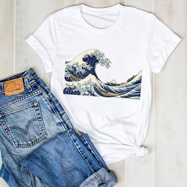

wave painting printed aesthetic womens t shirt fashion summer tee clothes graphic, White