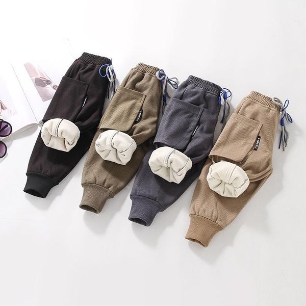 

trousers 2021 autumn winter girls boys pants tooling style children casual outdoor warm plush thicken kids elastic waist, Blue