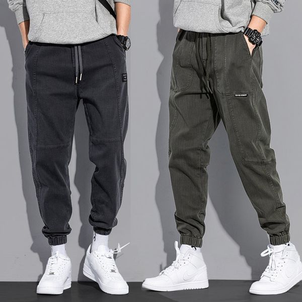 

2021 new japanese style fashion men jeans loose fit spliced designer casual cargo pants streetwear hip hop joggers wide leg trousers ibey, Blue