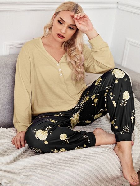 

plus floral print pj set h1um#, Black;white
