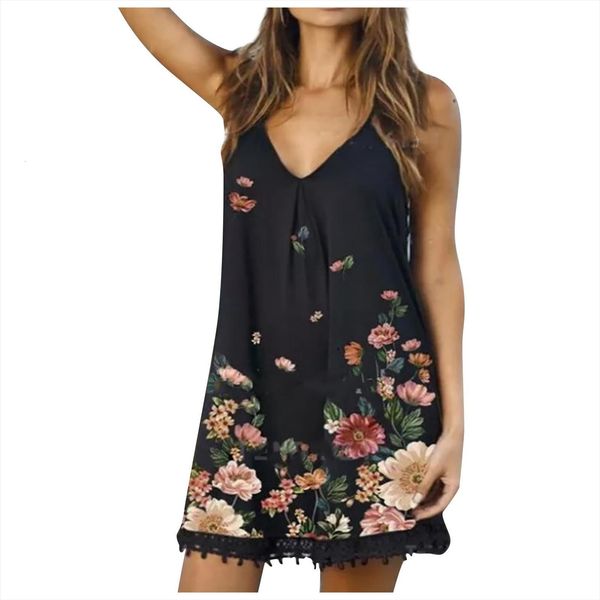 

fashion retro printing women dress v neck bohemian sleeveless comfy casual, Black;gray