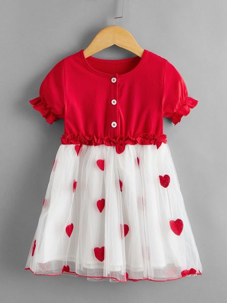 

toddler girls heart print frill trim mesh panel dress she, Red;yellow