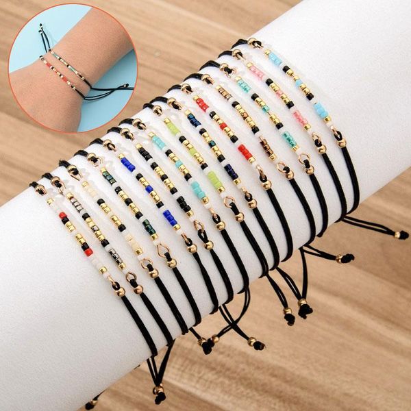 

beaded, strands colorful rice beaded bracelet woven geometric adjustable jewelry lanyard strap lace-up strand bracelets gold green, Black