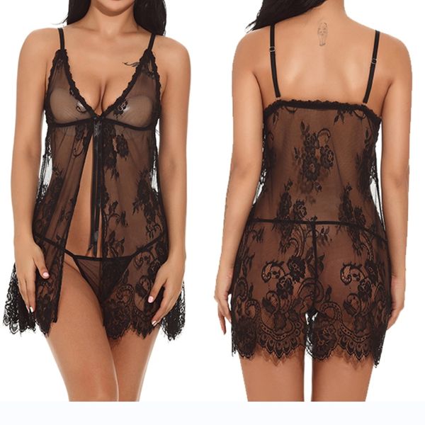 

2 pcs two-piece winter love lingerie women lace perspective sling pajamas, Red;black