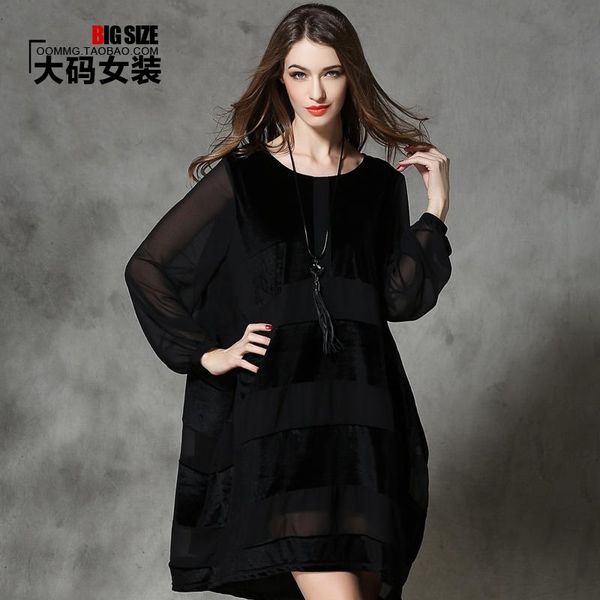 

casual dresses large size women's 2021 spring black round neck was thin velvet chiffon dress, Black;gray