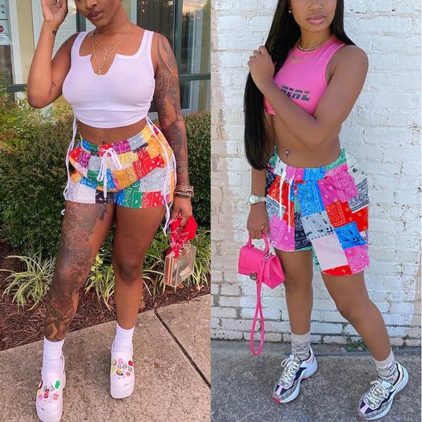 

women's shorts 2021 bandana women fashion print summer beach loose drawstring waist casual midi patchwork short pants, White;black