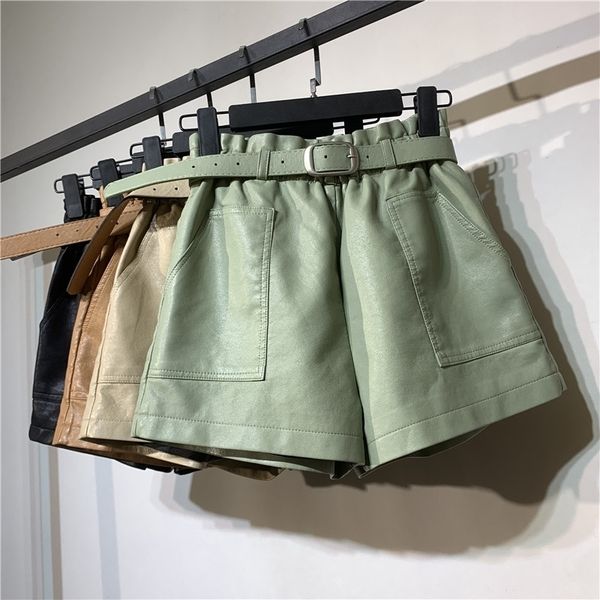 

autumn winter faux leather high waist shorts women with belt pockets wide leg shorts short femme women leather shorts c5922 210317, White;black