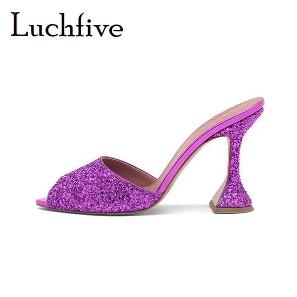 

slippers pointed peep toe high heel summer strange shoes women glittery violet party, Black